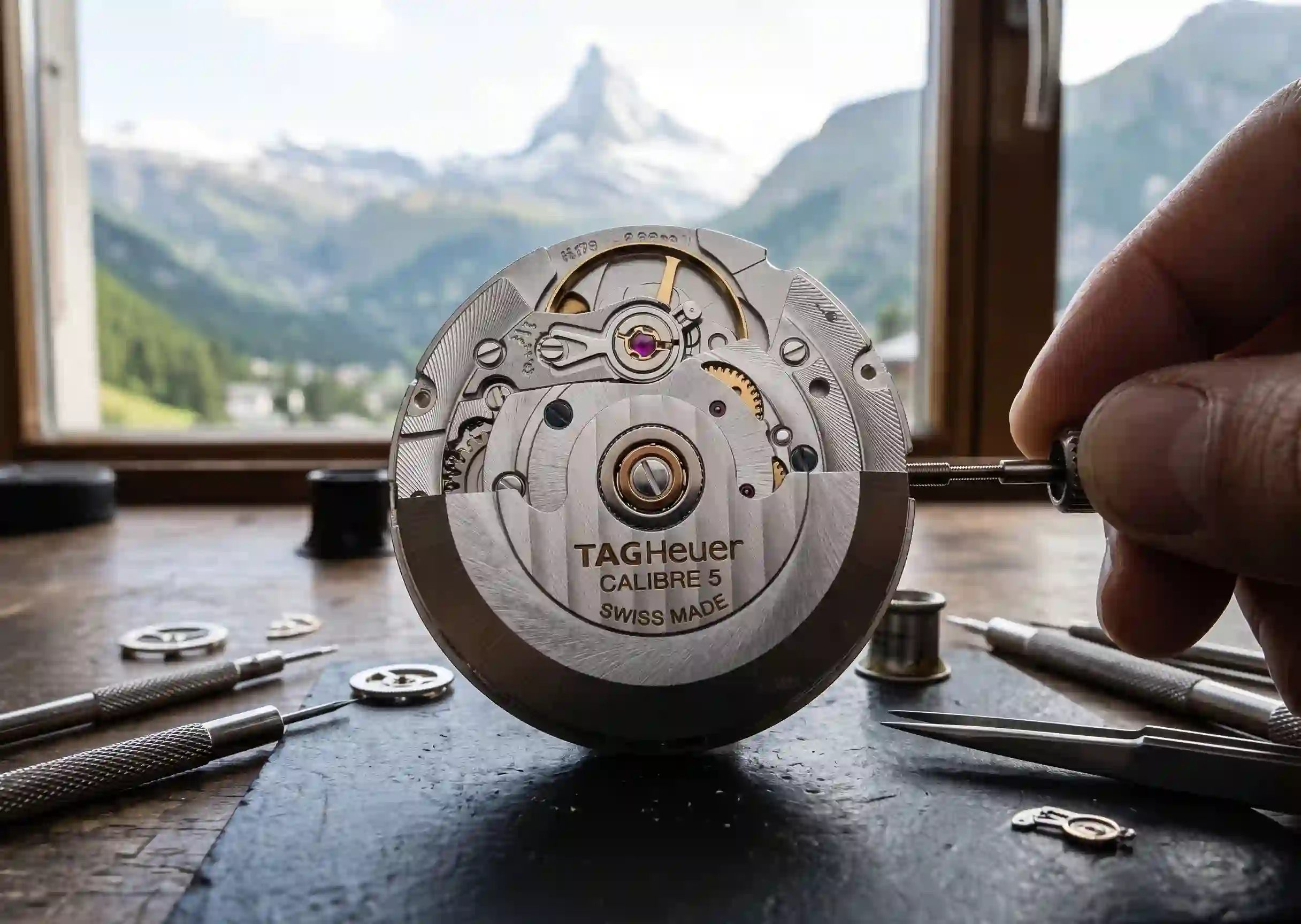 Movimiento automático suizo ETA 2824-2 de TAG Heuer en taller relojero con los Alpes suizos de fondo