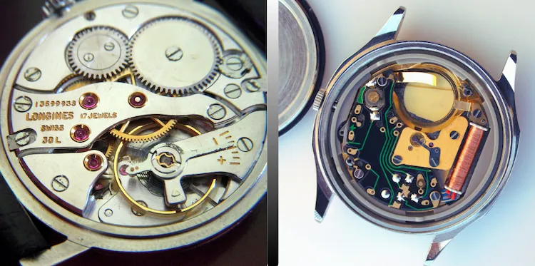 Primer plano detallado de un calibre mecánico con rubíes y escape, contrastado con un pequeño chip de cuarzo para la precisión.