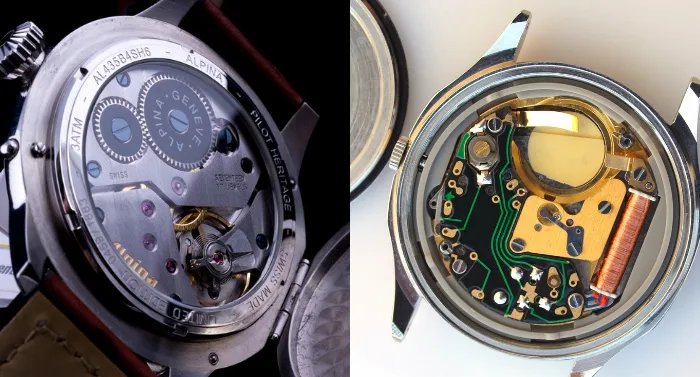 Imagen de contraste de un chip de cuarzo junto a una rueda de volante de reloj mecanico