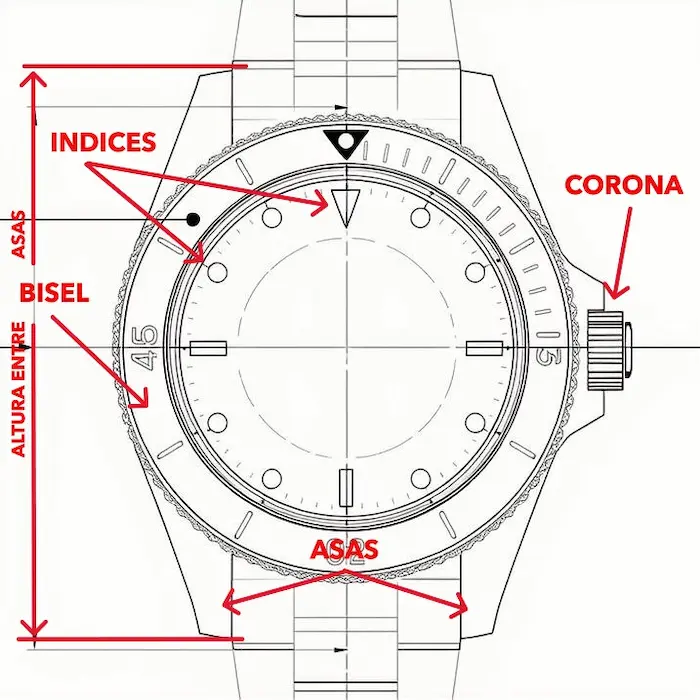 Diagrama o ilustración técnica de un reloj de buceo, señalando las asas, el bisel giratorio unidireccional, la corona a rosca.