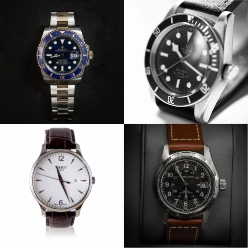 Relojes Suizos: Cuatro relojes suizos que representan diferentes gamas: Lujo, Herramienta, Valor y Militar (Tissot, Hamilton, Rolex, Tudor).
