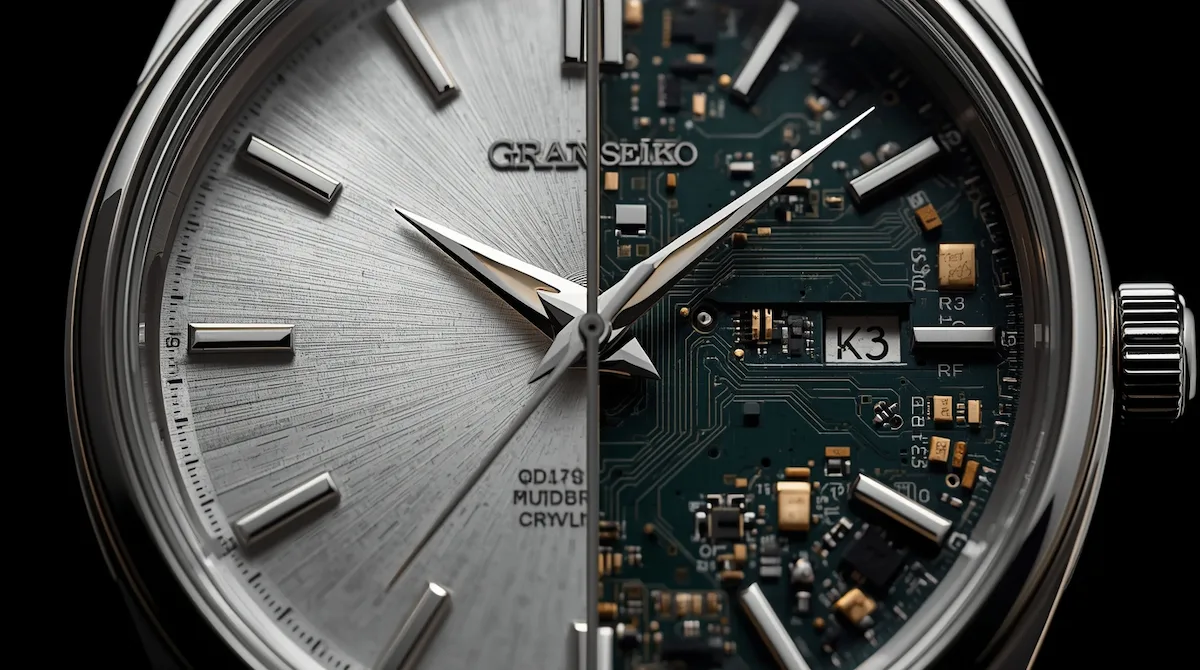 Guía completa de relojes de cuarzo. Imagen dividida mostrando el diseño exterior de la esfera y el chip de cristal de cuarzo interno.