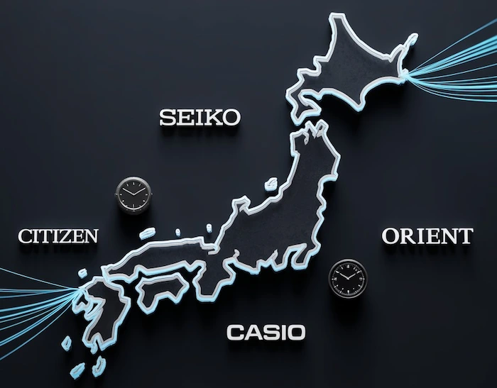 Mapa de Japón con las ubicaciones de las cuatro grandes marcas de relojes (Seiko, Citizen, Orient, Casio).