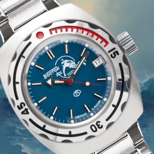 Marcas del resto del mundo: Reloj ruso Vostok Amphibia en entorno robusto, representando la historia militar y la resistencia.