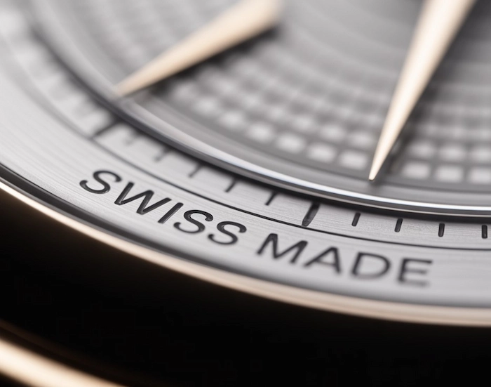Un primer plano extremo (macro shot) del logo "Swiss Made" impreso o aplicado en la parte inferior de la esfera. Se debe enfocar en la legibilidad y la perfección del acabado para simbolizar la certificación de calidad.