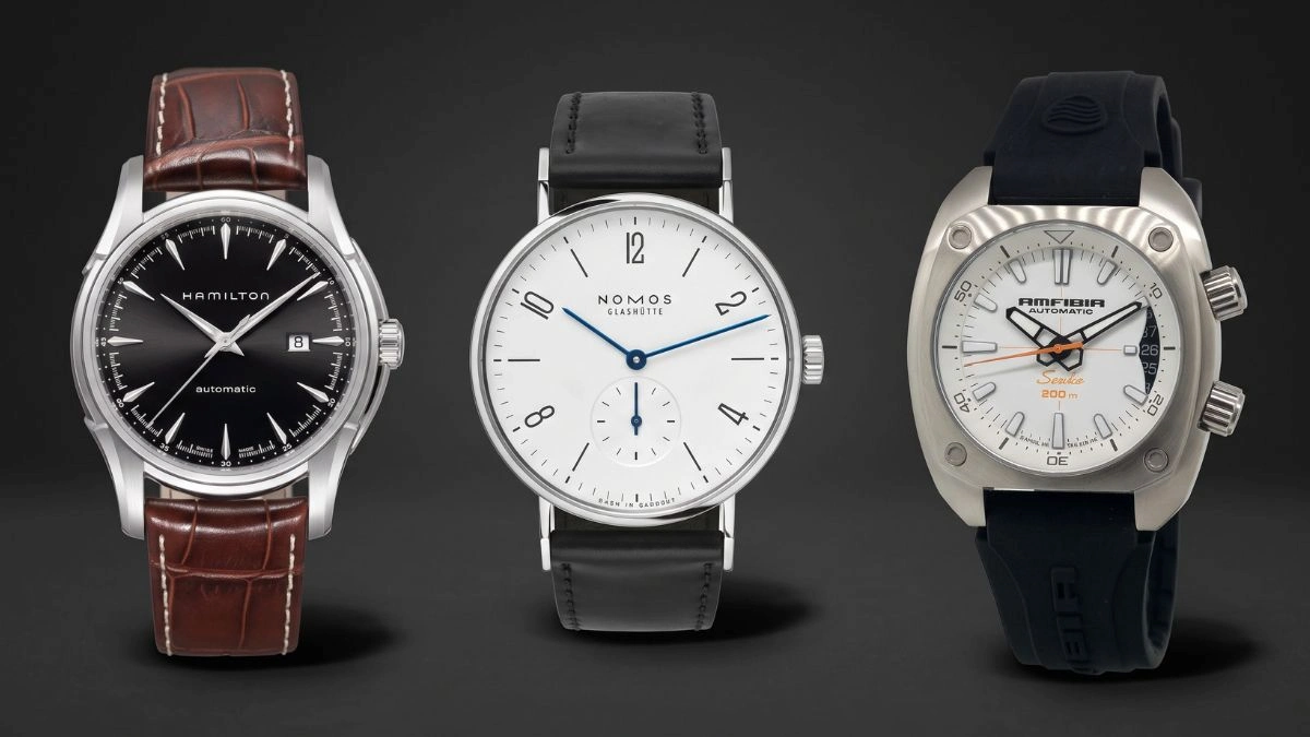 Collage de marcas de relojes del resto del mundo, incluyendo Nomos Glashütte, Vostok y Hamilton, que representan diversidad y valor.